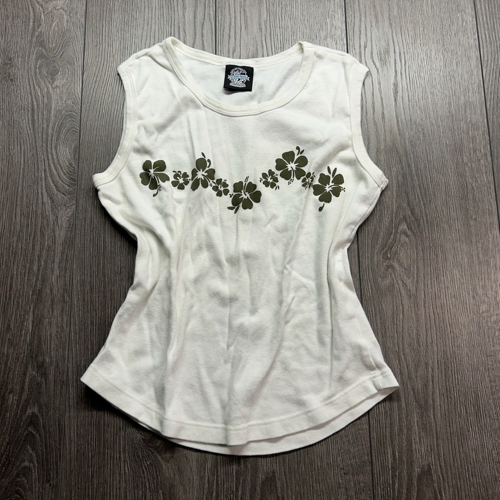 Global Mind Vintage White Hibiscus Floral Small Sleeveless Muscle Tee Y2K